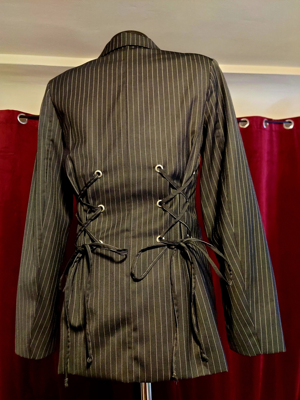 Avant Garde Lace-Up Back Blazer - Black with White Pinstripes